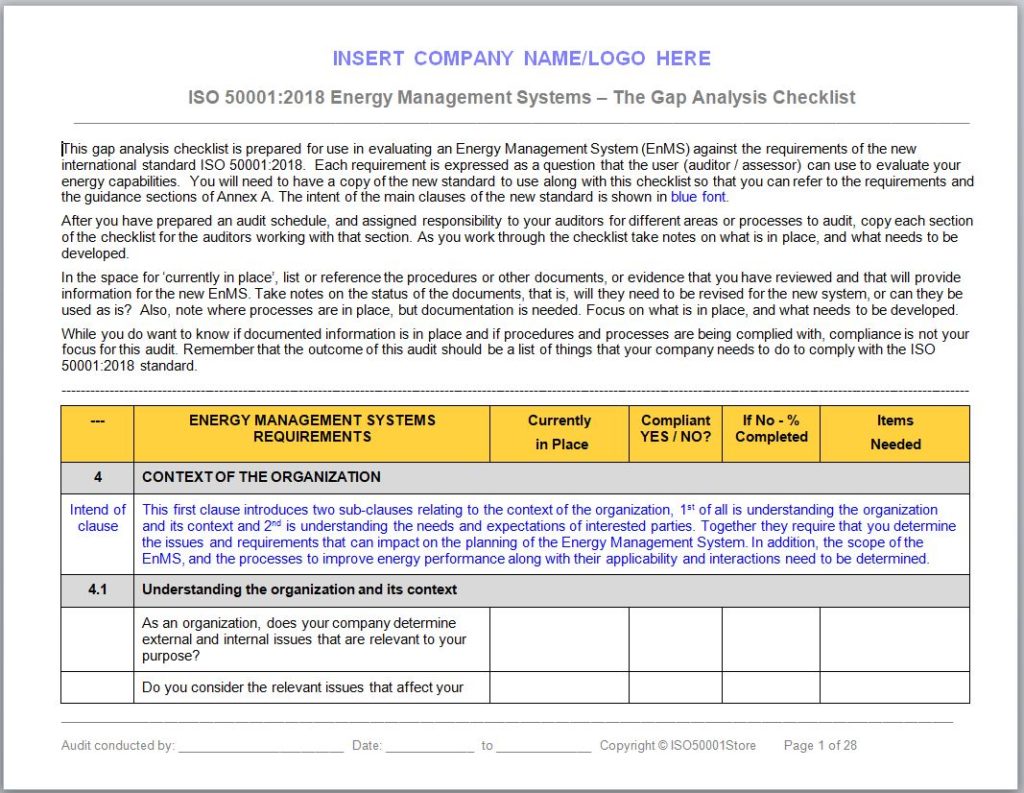 ISO 50001:2018 Gap Analysis Checklist - 50001 Store